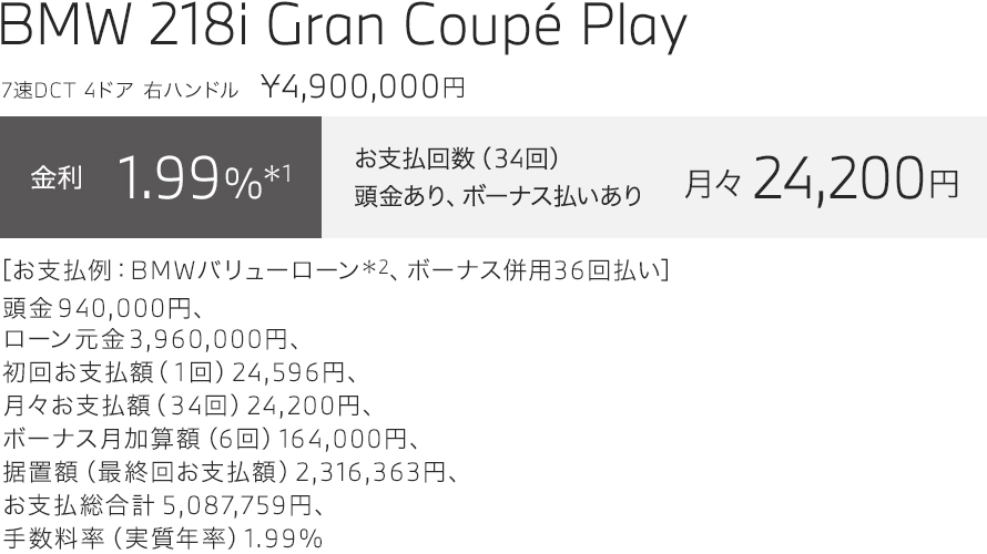 BMW 218i Gran Coupé Play　お支払い例