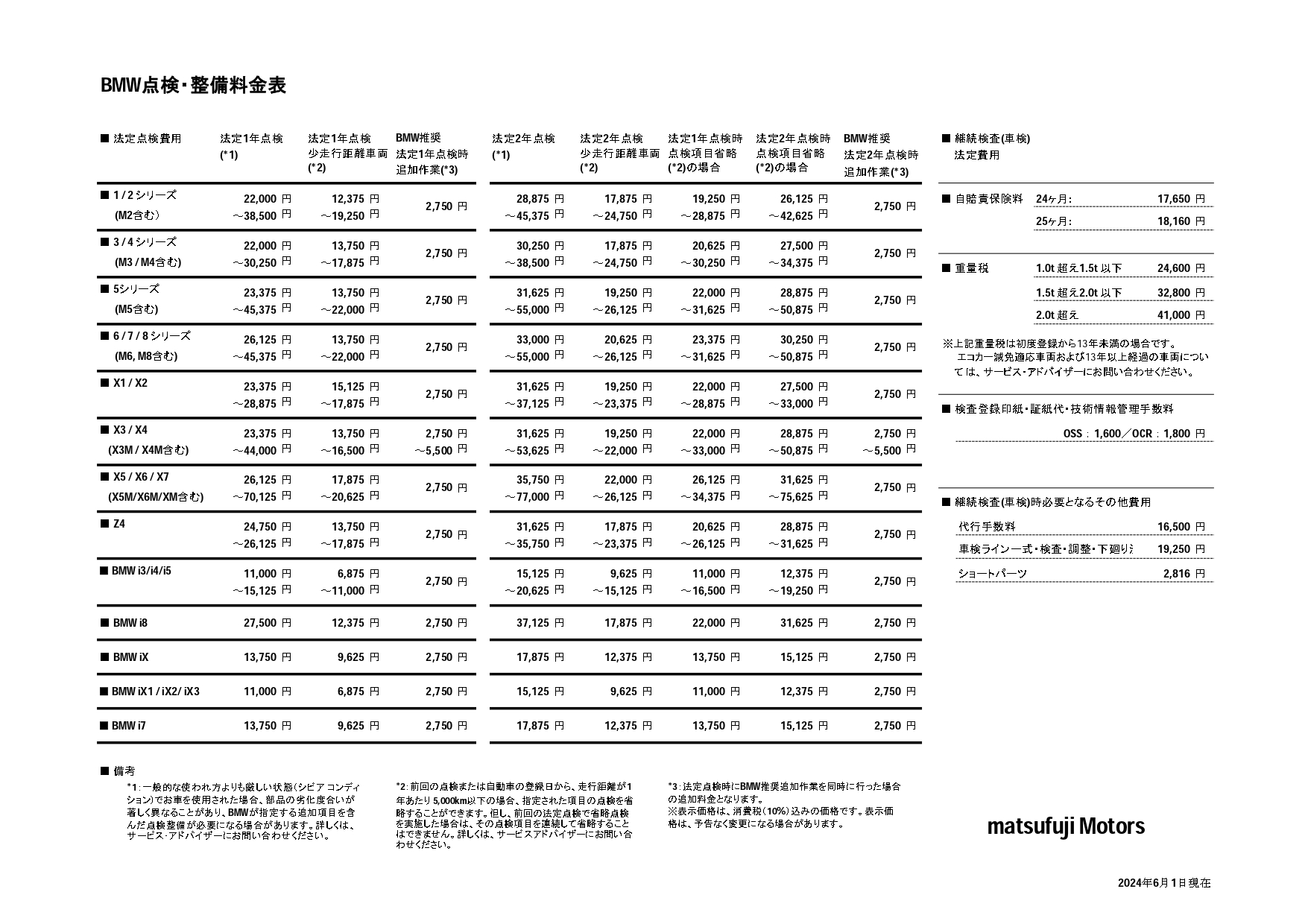 点検整備料金表